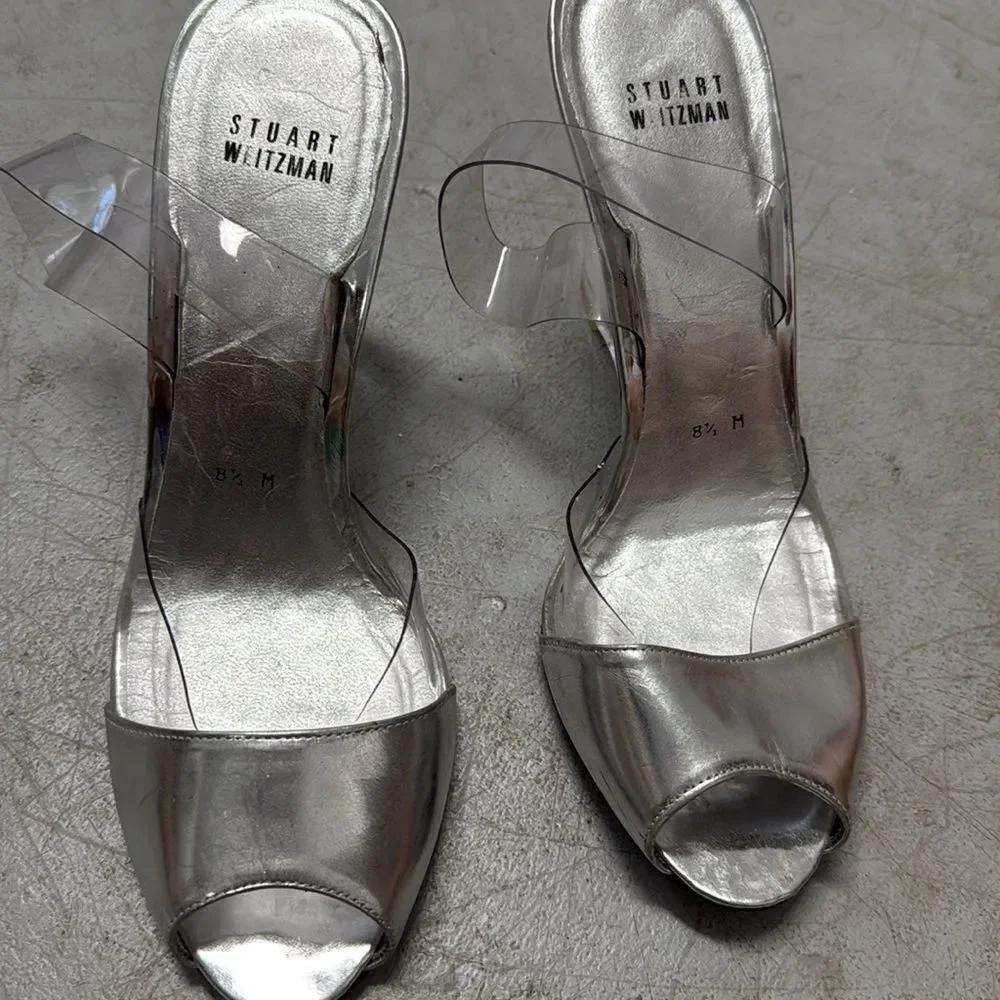 Stylish Silver Wedge Heels with Clear Straps - Stuart Weitzman Heels - Size 8